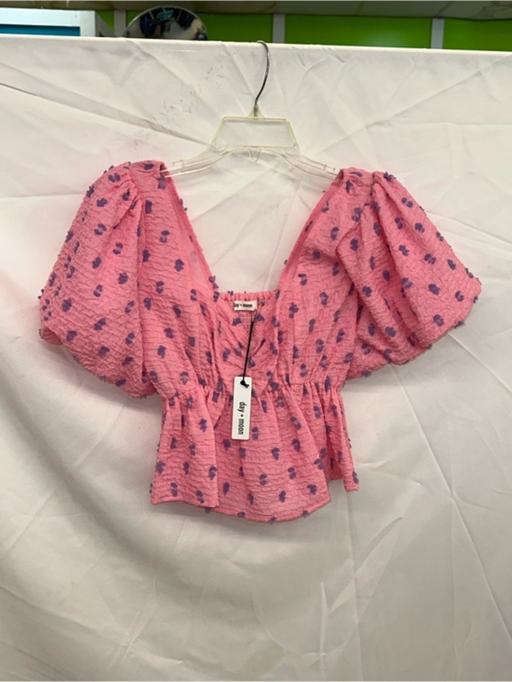 Pink Puff Sleeve Peplum Blouse with Purple Dot Accents